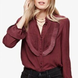 Free People Ruffle Pintuck All Shook Up Long Sleeve Top in Burgundy Wine Size M